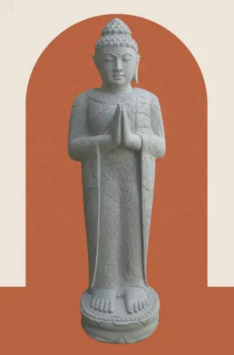 Product image of the product “Standing Buddha with floral carving, Greeting position. 40 x 28 x 122m. Natural stone (river stone), stonemasonry ”